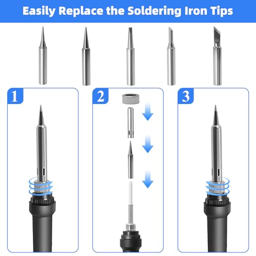 TUOLNK 9-teiliges 60-W-Lötkolben-Set | 6-stufige Temperaturregelung | 5 Lötspitzen + Lötständer + Lötzinn + Lötwatte | Für Elektronikreparatur & Heimwerkerarbeiten