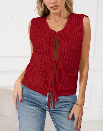 Image of Trendy Cardigan Sweater Vest Crochet Knit Top Sleeveless Bows with Pockets