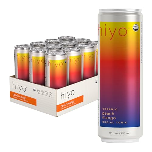 Hiyo Organic Social Tonic - Peach Mango, 12 Pack - N.A. Functional Seltzer, Sparkling Water Crafted with Organic Adaptogens, Nootropics & Botanicals
