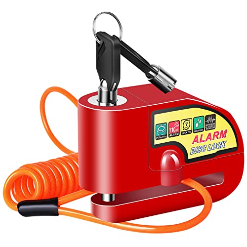 Motorfiets Alarm Schijfrem Lock, Motorfiets Sloten Anti Diefstal Beveiliging Wiel Disc Lock Waterdicht 110dB Alarm Geluid met 1,5 m Herinnering Kabel Sleutels en Draagtas voor Motorbike Bike Scooter