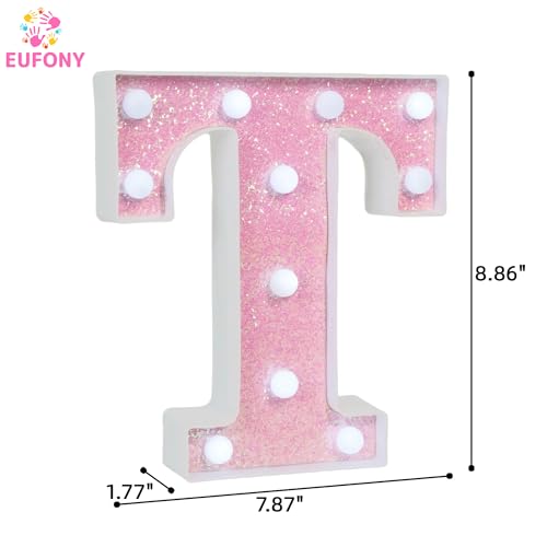 Image of Pink Glitter Marquee Light Up Letters, Battery Operated LED Letter Lights Signs for Pink Birthday Party Table Decorations, Wall Decor for Girls Bedroom, Initial Letter T with Cool White Lights