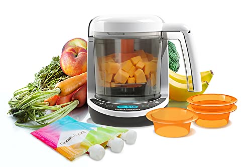 Baby Brezza - Food Maker Deluxe - Dampfgarer und Mixer Blender - für selbstgemachte Babynahrung und Smoothies, inklusive 3 wiederverwendbaren Quetschbeuteln + 3 Einfülltrichtern Cover