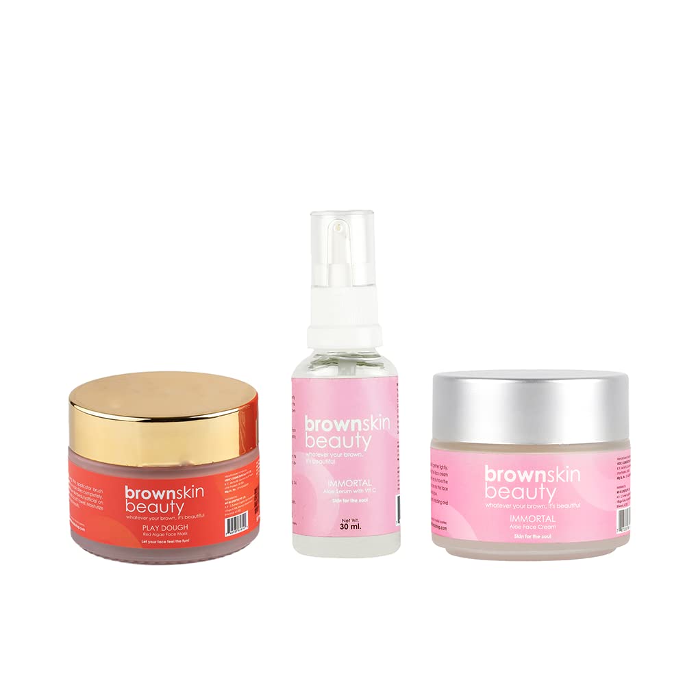 BrownSkin Beauty Play Set (Cleanse + Hydrate Skincare Set with Free Travel Pouch!) | Red Algae Facemask, Immortal Serum & Face Cream Combo | refine skin & remove toxins | All Skin Types