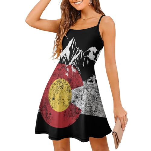 KAOEOSI Colorado Flag Vintage Mountain Women's Sling Dress Summer Sleeveless Knee Length A Line Dresses 2XL
