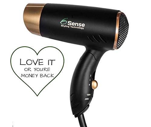 Travel Hair Dryer Dual Voltage Meets Ul 859 Standards Compact Folding Handle 1200 Watts Lightweight For Worldwide Use Gym Or Home 2 Speed/Heat Settings And Carry Bag (Black & Gold) #TOP1