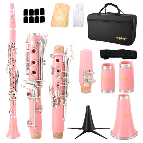 VANPHY Bb Clarinet For Beginners Students B Flat Clarinet 17 Keys Clarinet with Case Stand Strap 2 Barrels 8 Mouthpiece Cushion White Gloves(Pink)