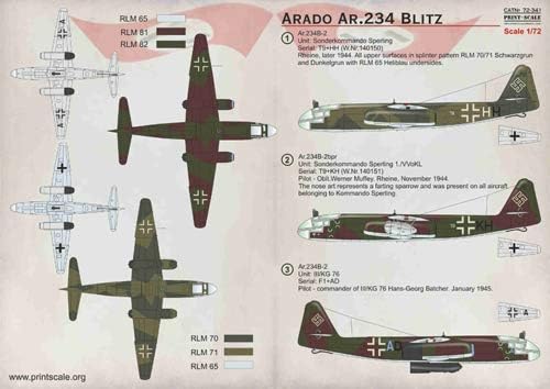 Print Scale 72-341 - 1/72 Arado Ar.234, Aircraft Wet Decal Model in Scale