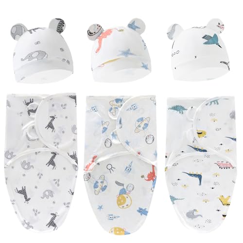 Image of Exemaba Baby Swaddle Sleep Sack with Hat Set for 0-3 months Soft Cotton Newborn Wearable Swaddle Wrap for Girls Boys(Giraffe & Universe & Dinosaur)