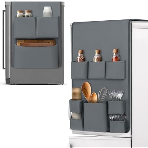 Phyxin Mini Fridge Organizer, 11-Pocket Mini Fridge Stand with Storage, Hanging College Dorm Essentials Flatware Organizer – Waterproof Double-Sided Caddy, Grey Cover