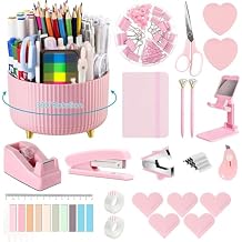 Office Supplies,Pink Desk Accessories,Desk Organizer,Stapler,Tape Dispenser,Folding Phone Stand,Scissors,Notebook,Staple Remover,Staples,Clear Tape,Sticky Notes,Clips,Cool Pen,Bookmark,Ect.22pcs