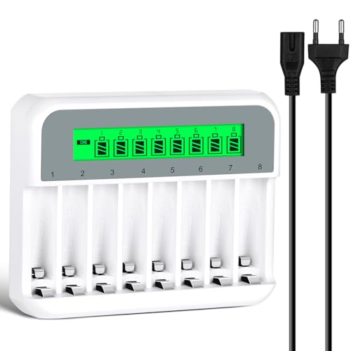 AXFEE Caricabatterie per Pile Ricaricabili, AA AAA 8 Slot Batterie Caricabatteria, Schermo LCD può visualizzare la capacità, adatto per batteria al litio da batteria Ni-Mh/Ni-Cd1,2 V