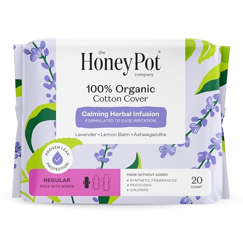 Honey Pot 100% Organic Cotton Cover Calming Herbal Infusion Regular Pads, 20 Count
