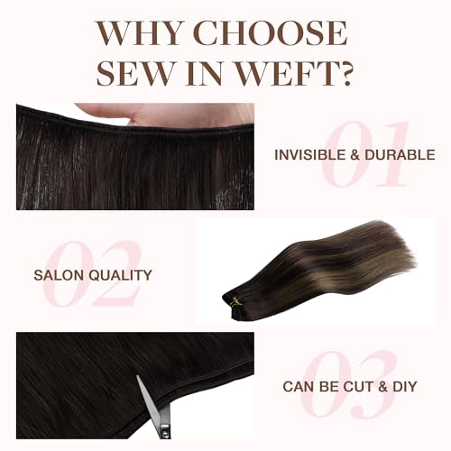 Image of GOO GOO Sew in Hair Extensions Real Human Hair, Weft Hair Extensions Human Hair, 2 /6 /2 Balayage Dark Brown to Chestnut Brown 14inch 80g, Weft Bundles Straight Silky Remy Hair