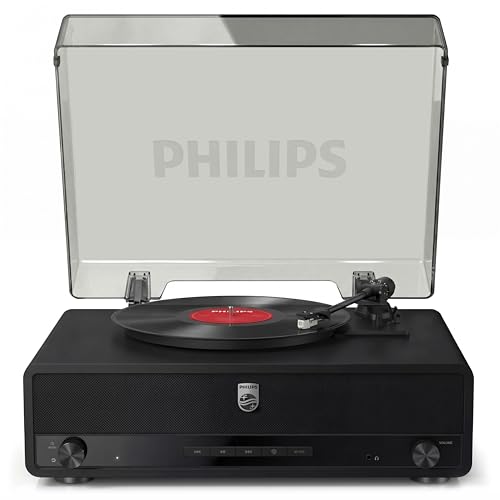 Philips All-in-One Bluetooth Turntable Record Player with Built-in Speakers, 3-Speed Vinyl Player, Audio-Technica Stylus, Wireless Streaming In & Out, RCA/Aux/Headphone, Auto-Stop, Plug-and-Play Setup