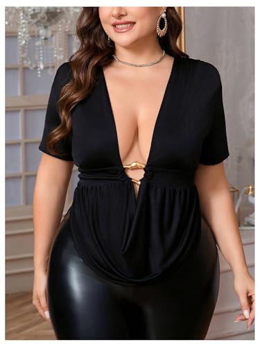 SOLY HUX Women's Plus Size Cowl Neck T Shirt Metal Decor Short Sleeve Going Out Tops4