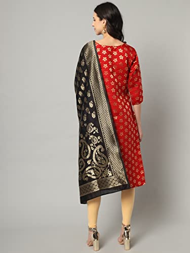 Image of VredeVogel Women's Cotton Silk Blend Straight Kurta With Dupatta with Banarasi Silk Dupatta