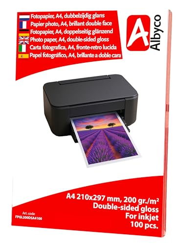 Papel Fotográfico Inyección de Tinta Albyco, A4/21x29,7 cm, Brillante, 200 gr/m², Doble cara, Envasada en 100 Hojas. ⭐