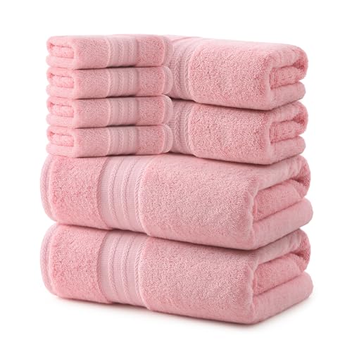REDKISS Pink Towel Set of 8-100% Cotton Luxury Bath Towels Set for Bathroom 600 GSM Highly Absorbent Bathroom Towel with 2 Large Bath Sheet 2 Hand 4 Washcloths Pink Shower Towels for Dorm