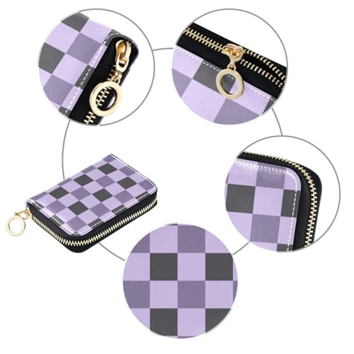 Women's Purple Checkerboard Credit Card Holder Wallet Leather Zipper Card Case for Ladies Girls 23009864