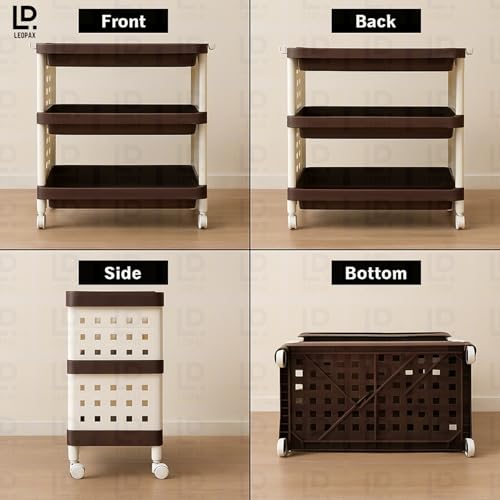 Image of LEOPAX 3 Layers Plastic Rolling Storage Rack | Multipurpose Stackable Storage Rack with Wheels for Kitchen Laundry Room Bathroom Office Home - Brown (50 x 30 x 54cm)