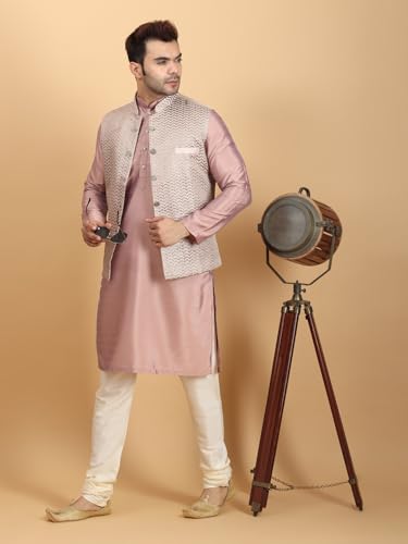 Image of Ethluxis Men Silk Blend Kurta Jacket Set with Mandarin Collar
