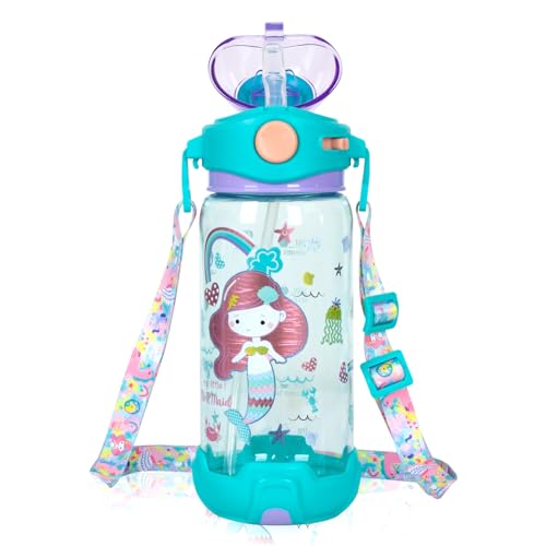 PinkSheep Kids Water Bottle with Straw/Lanyard 650ml BPA Free Child Drinking Water Bottle Leak-Proof Locking Flip Lid for Kids Girls Boys School Sport Travel (Mermaid A)