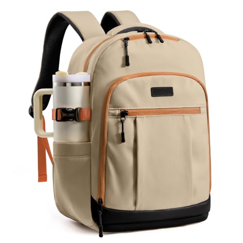 Image of LOVEVOOK Laptop Backpack for Women, Waterproof Work Travel Backpack with Large Cup Pockets for Teacher Nurse, 17.3 inch Computer Bag College Bookbag Daypack, Gifts for Women, Khaki-brown