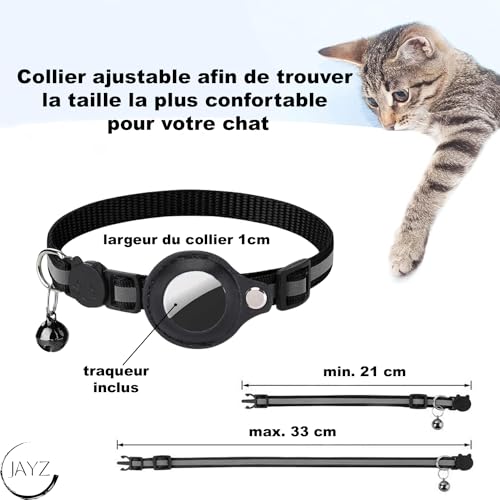 JAYZ® Katzenhalsband-Set mit Smart-Finder-Tracker, kompatibel mit iOS/Android, verstellbares Halsband (schwarz)