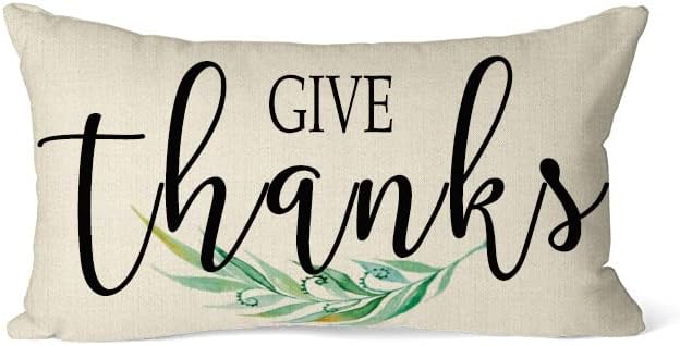 Give Thanks - Funda de cojín lumbar con diseño de hojas verdes, de lino y algodón, decoración rectangular de 12 x 20 pulgadas