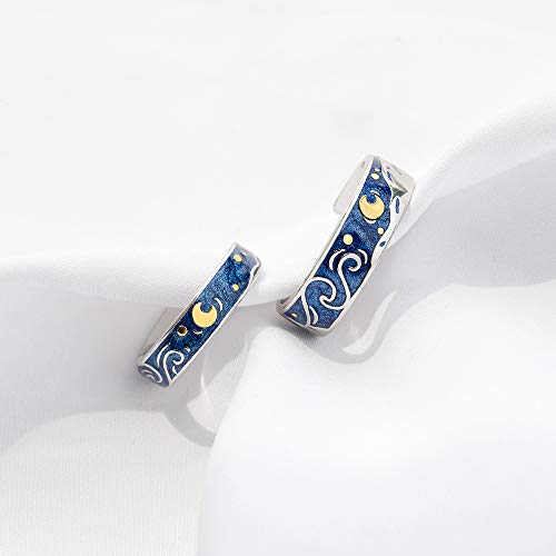 Image of Thaya 925 Sterling Silver Van Gogh's Sky Couple Rings Bright Shining River /Bee Promise Rings Blue Open Band Ring Engagement Romantic Jewelry Ring Size 5-8 Jewelry Gift for Women and Girls