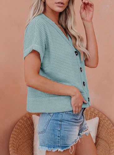 Image of Dokotoo Womens Summer Tops 2026 Waffle Knit Button Down Shirts | Trendy,V Neck,Loose Fit,Jacket,Short Sleeve,Summer Cardigan,Cropped,Shacket,Going Out Outfits,Dressy