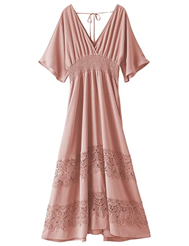 Image of Olaesa Boho Maxi Dress V Neck Short Sleeve Lace Smocked Waist Flowy Dress | Wedding Guest Dress with Pockets, Summer Bohemian Vacation Dress, Elegant Party Dress for Family photo& Baby Shower