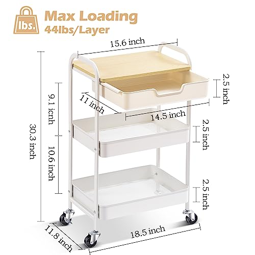 Toolf 3-Tier Utility Rolling Cart With Wooden Board And Drawer, Metal Storage Cart With Handle, White Trolley Kitchen Organizer Rolling Desk With Locking Wheels For Office, Classroom, Home, Bedroom #TOP5