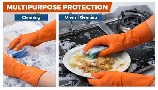 Image of LADWA Pre-mium Household Rubber Hand gloves orange Color (10 Pair) for Dishwashing, gardening, kitchen cleaning
