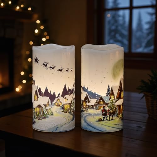 Image of Christmas Flameless Candles, Christmas LED Battery Operated Candles with Remote Timer, Set of 2 Pillar Candle with Snow House, Santa, Reindeer Decals for Holiday Winter Decor(D6 inch x H3 inch)