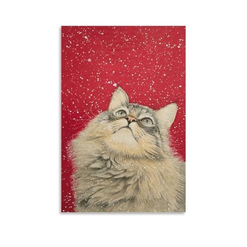 Fluffy Cat Gazing at Stars Canvas Poster, Red Background Snow