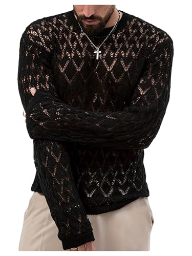 Men's Crochet Sweater Hollow Out Crewneck Long Sleeve Distressed Knit Pullovers Top