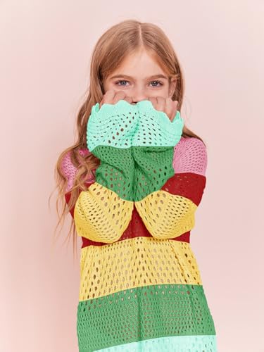 Image of Batermoon Girls Crochet Long Sleeve Swimsuit Cover Up Kids Fashion Hollow Out Swimwear Beach Dress 5-14 Years