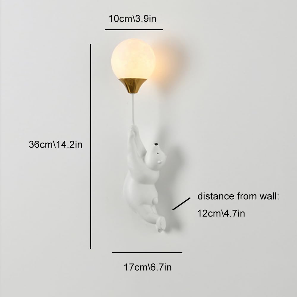 Lampa ścienna do sypialni mały niedźwiedź żywica z nadrukiem 3D księżyc klosz G9 oprawka dekoracyjna ściana oświetlenie z okablowaniem (biały)