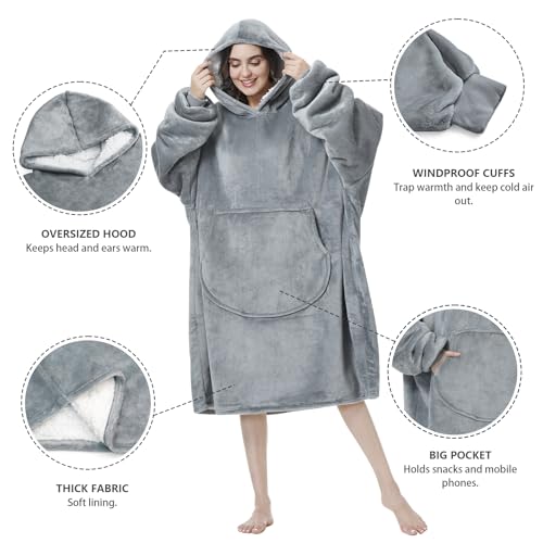 MOKANI Kuscheldecke mit Ärmeln und Kapuze Hoodie Decke, Decken Hoodie Decke mit Ärmeln, Übergröße Kapuzenpullover für Damen Herren, Grau