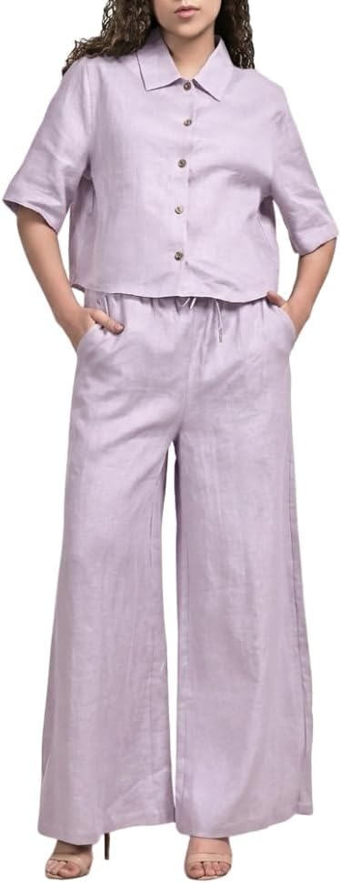 YUSHE 3 Piece Lounge Set for Women | Linen Crop Shirt with Shorts & Pants | Matching Co Ord Set | Loungewear for Travel