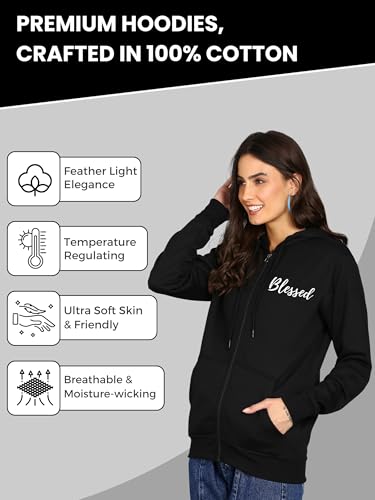 Image of Blessed Printed Women�s Full Sleeve Cotton Zipper Hoodie with Pockets | Regular Fit Hooded Sweatshirt Pullover for Winter, Casual, Outdoor, Travel & Everyday Wear