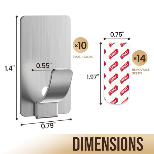 Image of TAILI Hooks for Hanging 10 Metal Sticky Hooks and 14 Adhesive Strips Silver