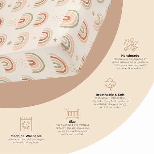 Image of Crane Baby 100% Cotton Breathable Fitted Baby and Toddler Sheet for Standard Mattress (28 X 52), Machine Washable Crib Boho Rainbow Boho Rainbow