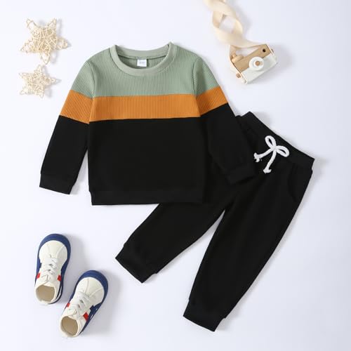 Image of Kid Toddler Boy Clothes Color Block Sweatshirt and Casual Pants 2Pcs Boys Fall Winter Outfits 1-5T