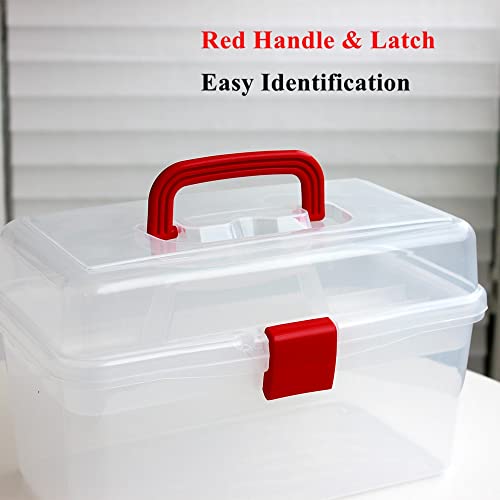Image of Multipurpose Clear Red Plastic Storage Container Organizer Box, Portable Carrying Case with Removable Tray and Handle for Art, Craft,First Aid, Sewing Supplies