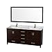Wyndham Collection 72" Double Bathroom Vanity in Espresso, White Carrera Marble Countertop, Undermount Square Sinks and 70" Mirror