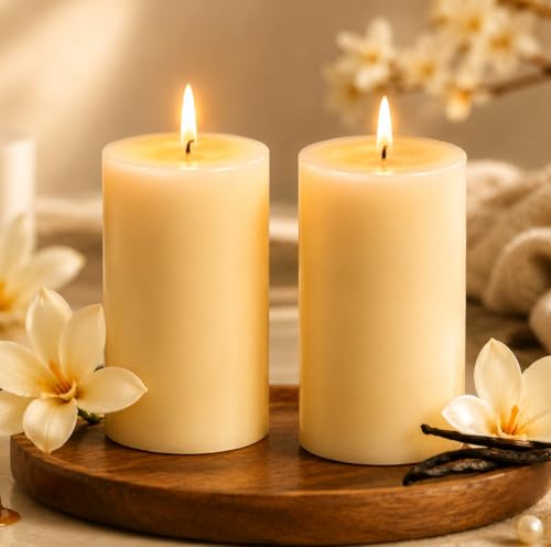 Image of AuraDecor Vanilla Caramel Scented Pillar Candles | Set of 2 | 25 Hours Burn Time Each | Smokeless Paraffin Wax Candles | Long Lasting Fragrance | Decorative Candle for Home Decor & Gifts