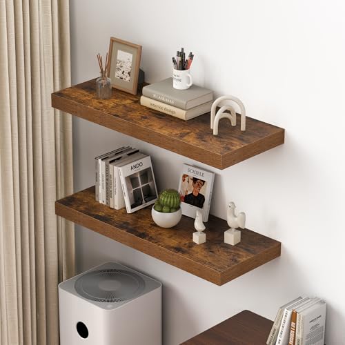 Image of Dreamland 36 inch Floating Shelves for Wall, 12 inch Deep Thicker Floating Shelves, Wall-Mounted Shelves for Bedroom, Living Room, Kitchen, Bathroom,Rustic Brown - Set of 2