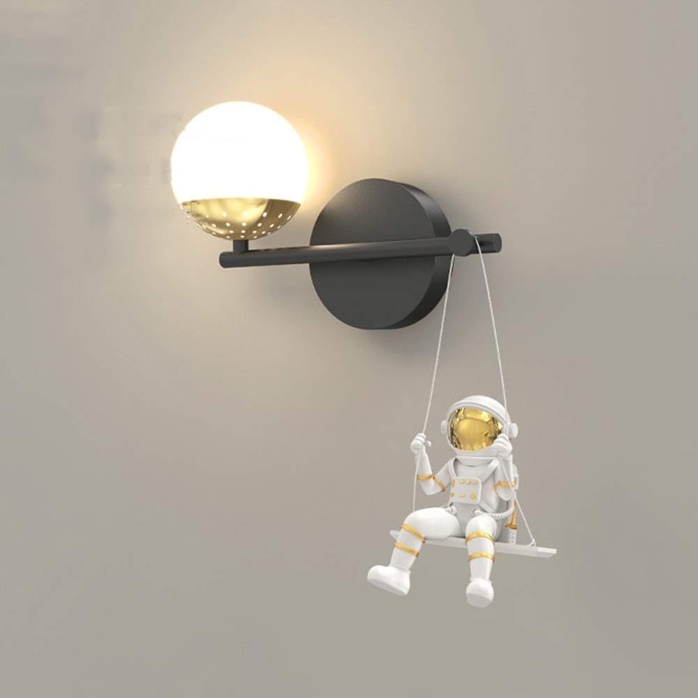 Modern Light Luxury Kids Wall Sconce Dimmable LED Astronaut Wall Mount Light for Bedroom Hardwired Black Mid Century Modern Wall Lamp with White Milk Ball for Bedside Children Nursery